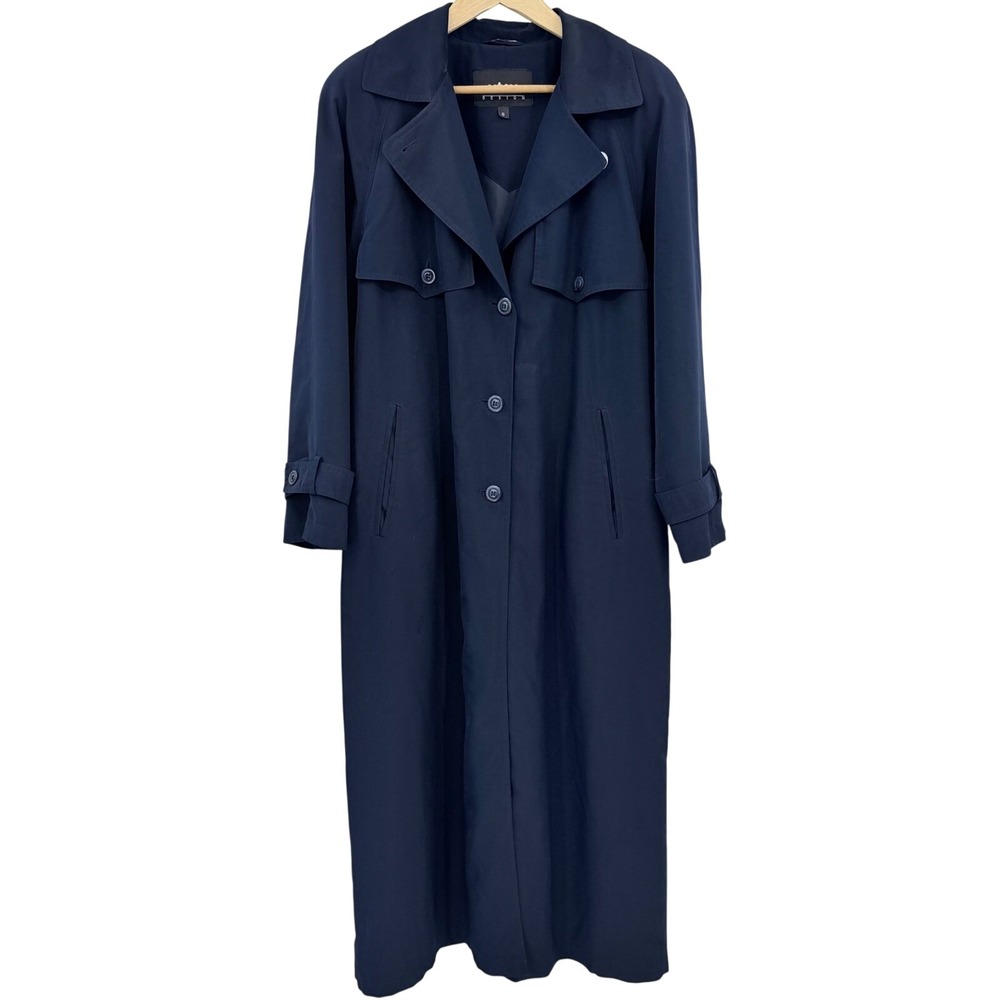 Utex‎ Design Vintage Navy Blue Trench Coat Women Longline Belted Duster Jacket 8